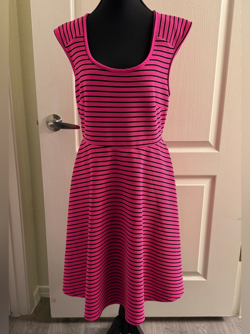 Torrid Hot Pink and Black Striped Scoop Neck Cut-Out Skater Dress